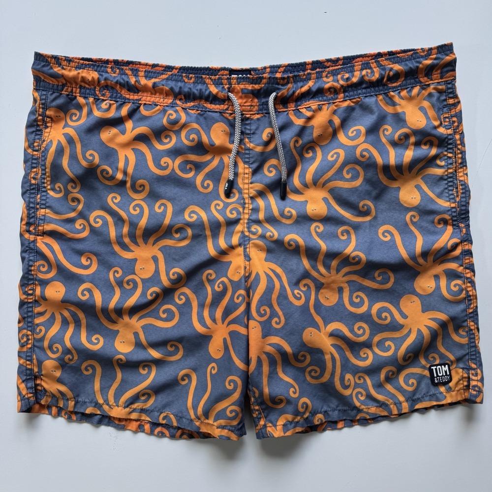 TOM & TEDDY Octopus Mesh Lined Swim Trunk Shorts Mens Large Orange Blue‎ Beach